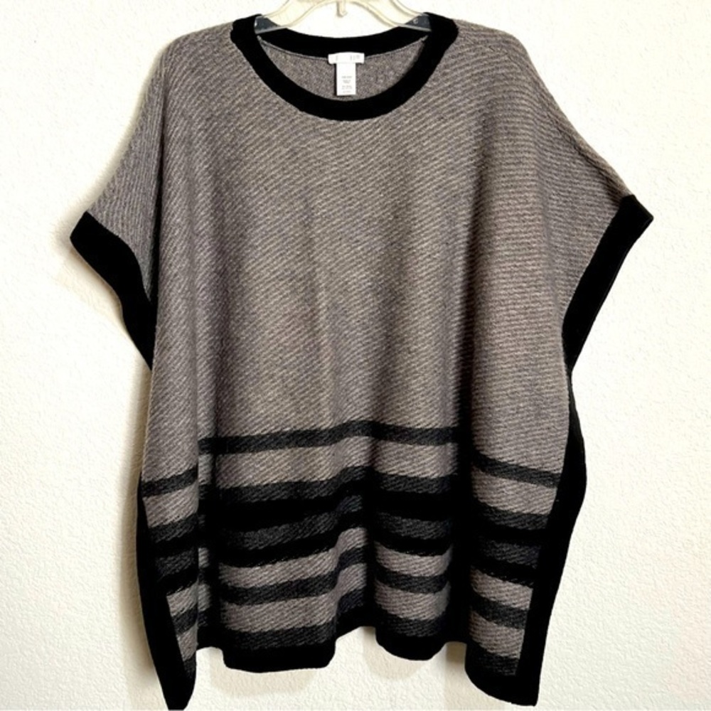 J. Jill Grey Black Striped Wool Blend Poncho Pullover Sweater Pockets One Size